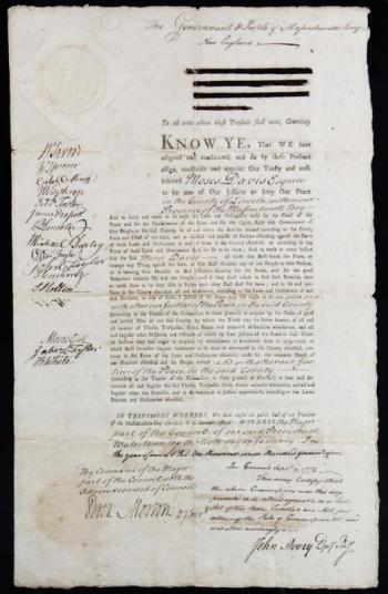 These documents appointing Edgecomb's Moses Davis a justice of the peace in Lincoln County in 1775 and 1781 will be up for auction June 1  and 2 in Thomaston. Courtesy of Thomaston Place Auction Galleries.